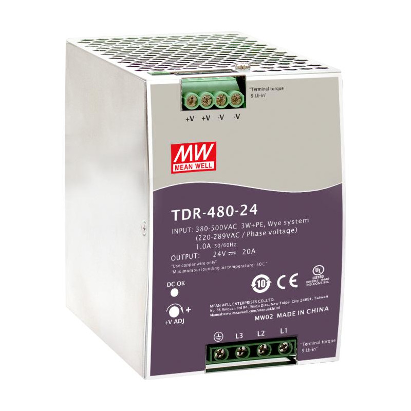 Meanwell TDR-480-24 ,Besleme 3-Faz 380..500vac,Çıkış 24vdc 20 Amper,Güç 480w,Ray Tip,Smps,Güç Kaynağı