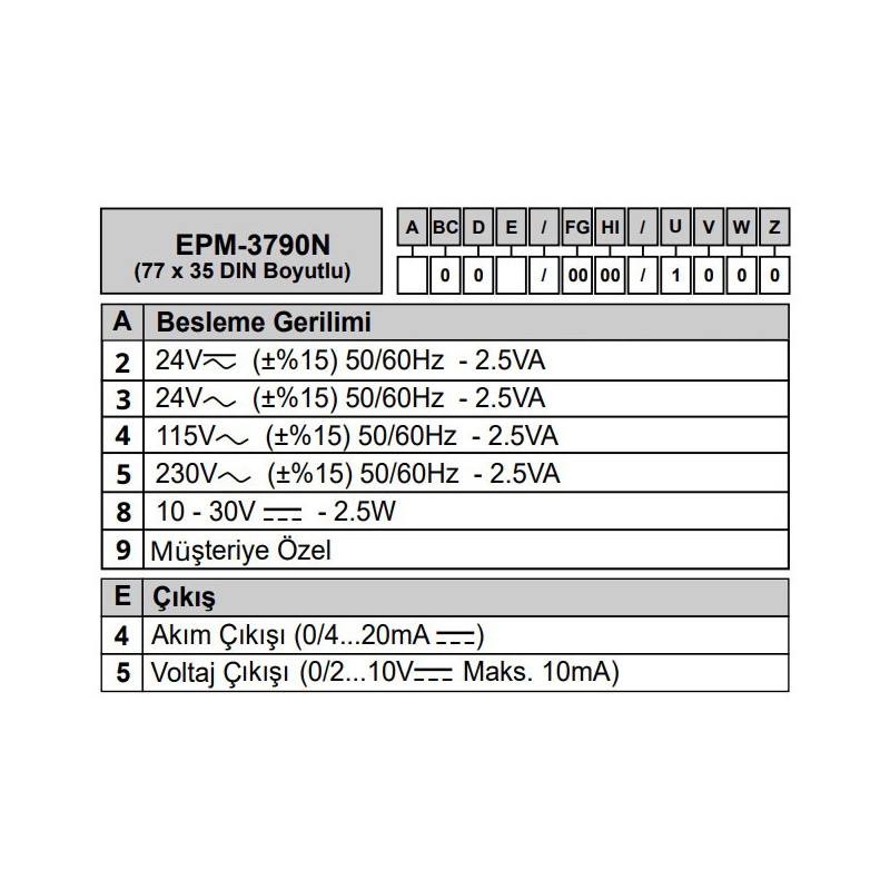 Emko EPM-3790-N.10004 0000 1000 ,Ebat 77x35mm,Besleme 110v..220vac,Çıkış 4..20mA,Dijital Potansiyometre
