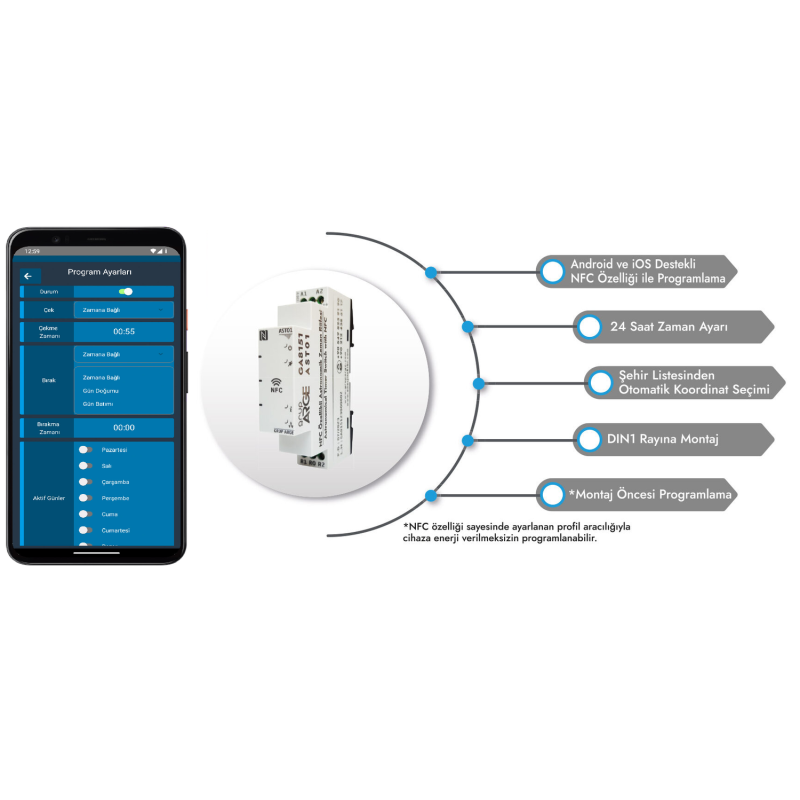 GrupArge AST01-NFC ,Ray Dın,Besleme 12v..220vac dc Pil,32 Program,Kontak-1A1K,Astronomik Zaman Saati