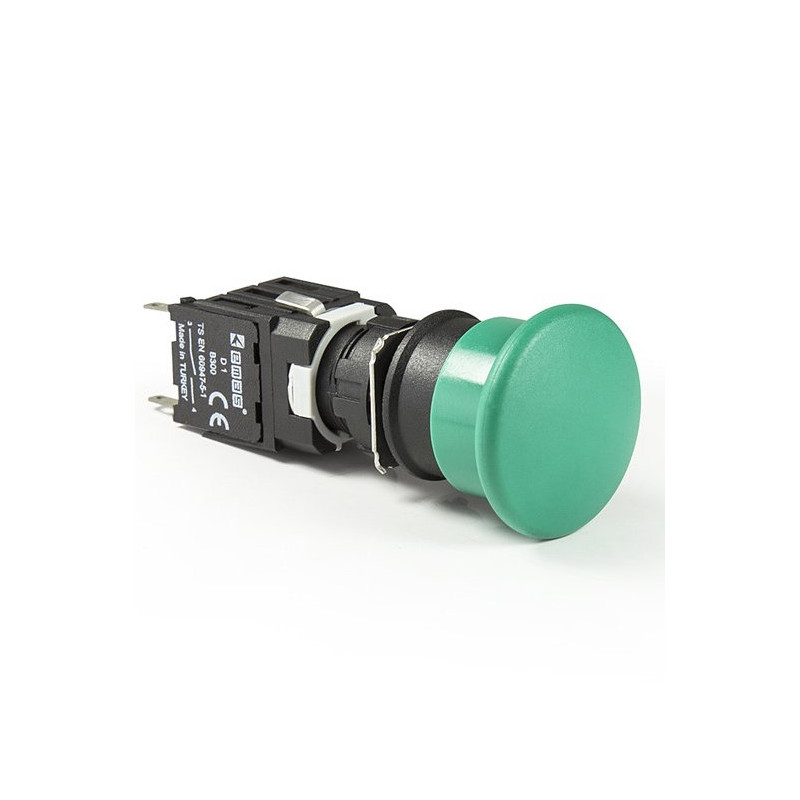 Emas D100YM30Y ,Montaj 16mm,Kontak-1A,Yeşil Mantar Yaylı,M16 Buton
