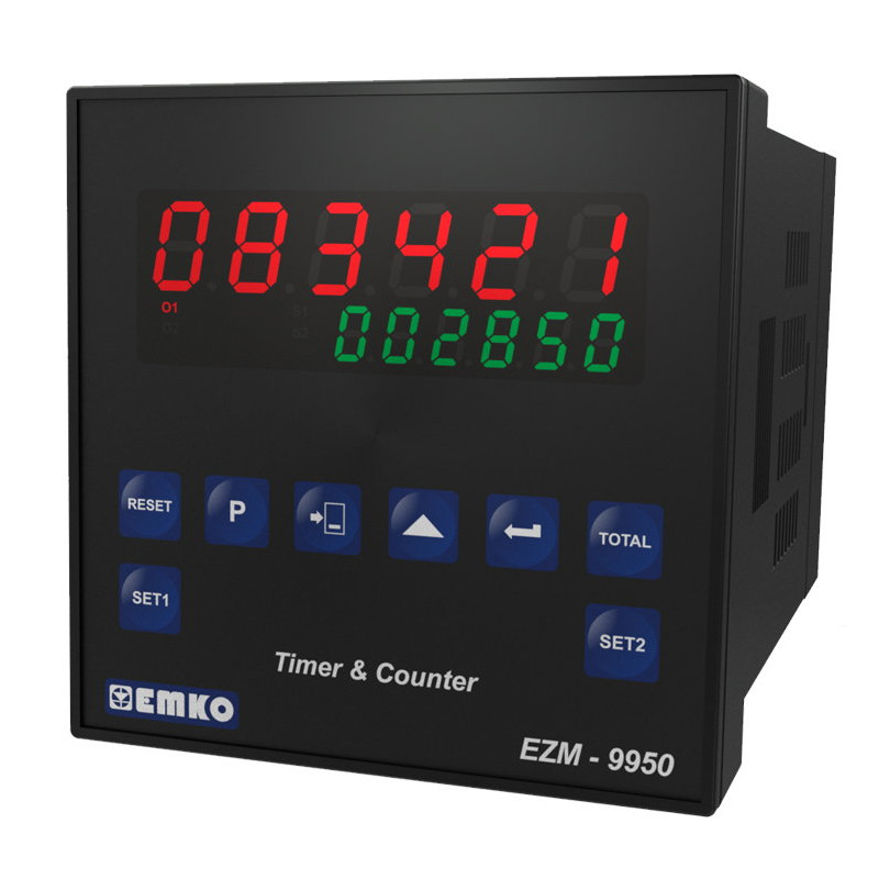 Emko EZM-9950.10010 0000 0000 ,Ebat 96x96mm,Besleme 110v..220vac,Çıkış Kontak-1A1K,6-Hane,Sayıcı Takometre Zaman Röle
