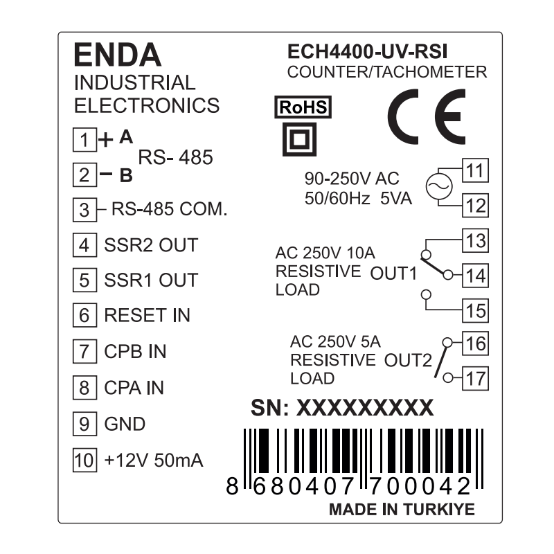 Enda ECH4400-230 ,Ebat 48x48mm,Besleme 220vac,Çıkış Kontak-2A2K,6-Hane,Sayıcı Takometre