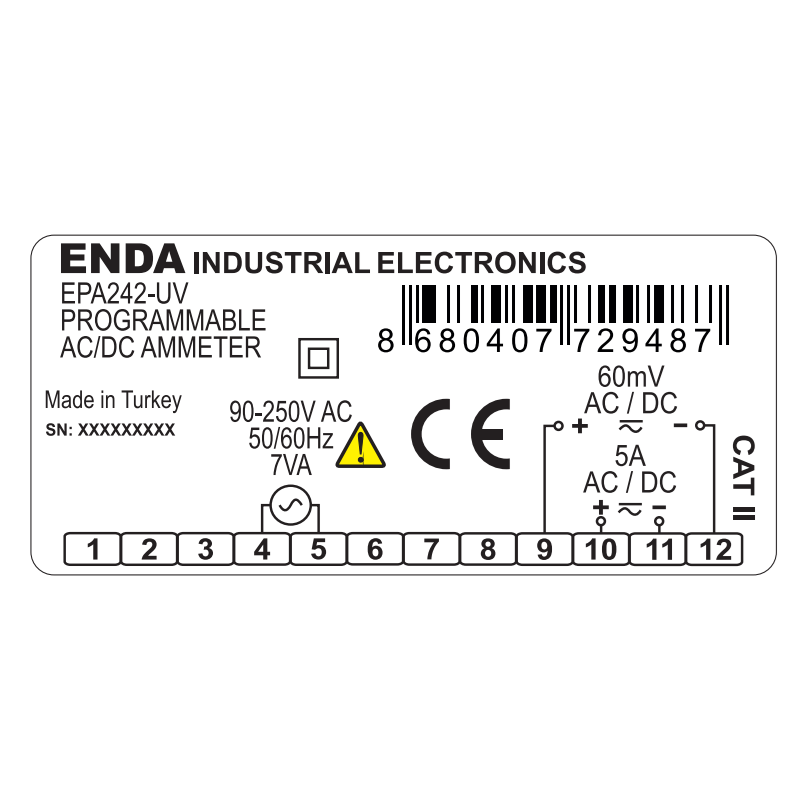 Enda EPA242-UV ,Ebat 77x35mm,Besleme 110v..220vac,Trafo X 5,Çıkış Röle,Ampermetre