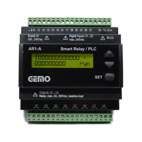 Gemo AR1-A-24VDC ,Besleme 24vdc,Giriş 12-Dijital,Çıkış 8-Röle,Plc Cpu Modül