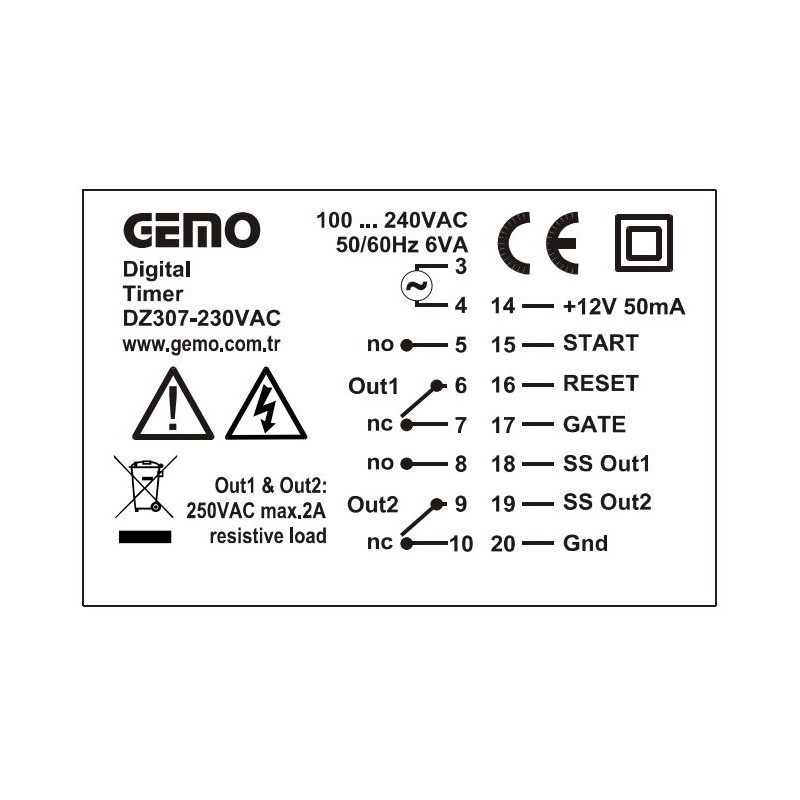 Gemo DZ307-230VAC ,Ebat 72x72mm,Besleme 110v..220vac,Kontak-2A2K,Fonkisyonel Zaman Röle