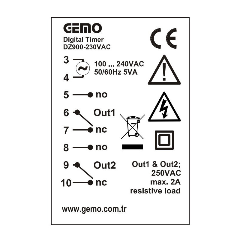 Gemo DZ900-230VAC ,Ebat 96x96mm,Besleme 110v..220vac,Kontak-2A1K,Zaman Röle