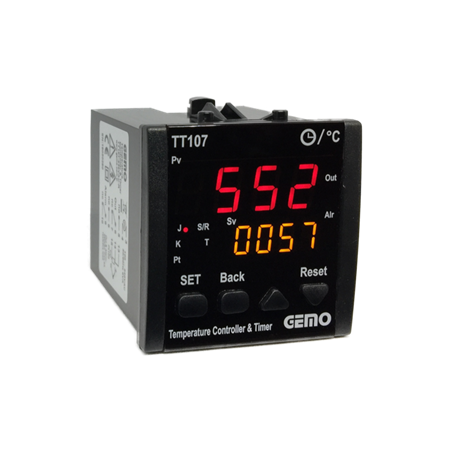 Gemo TT107A-230VAC-R ,Ebat 72x72mm,Besleme 110v..220vac,Çıkış Kontak-2A2K,Zamanlı Isı Kontrol