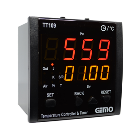 Gemo TT109A-24V-R ,Ebat 96x96mm,Besleme 24vac dc,Çıkış Kontak-2A2K,Zamanlı Isı Kontrol