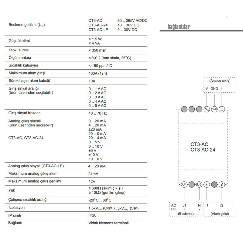 Klemsan CT3N-AC-24 ,Besleme 24vac dc,Giriş 0..5A,Çıkış 0..10v 4..20mA,Akım Transmitter