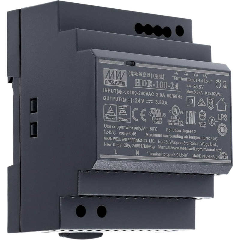 Meanwell HDR-100-24 ,Besleme 110v..220vac,Çıkış 24vdc 3.83 Amper,Güç 60w,Ray Tip,Smps,Güç Kaynağı