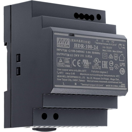 Meanwell HDR-100-24 ,Besleme 110v..220vac,Çıkış 24vdc 3.83 Amper,Güç 60w,Ray Tip,Smps,Güç Kaynağı