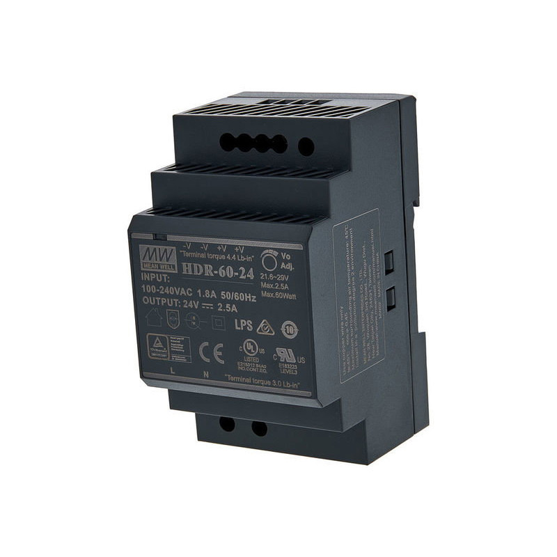 Meanwell HDR-60-24 ,Besleme 110v..220vac,Çıkış 24vdc 2.5 Amper,Güç 60w,Ray Tip,Smps,Güç Kaynağı