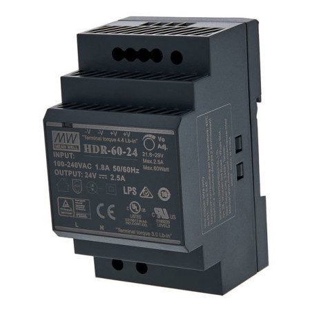 Meanwell HDR-60-24 ,Besleme 110v..220vac,Çıkış 24vdc 2.5 Amper,Güç 60w,Ray Tip,Smps,Güç Kaynağı