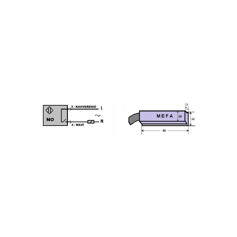 Mefa MM-B38-YA ,Ebat 38x12x9mm,Ölçüm 20mm,Çıkış AC DC-NO,Besleme 24v..220vac dc,2-Kablo,Manyetik Piston Sensör
