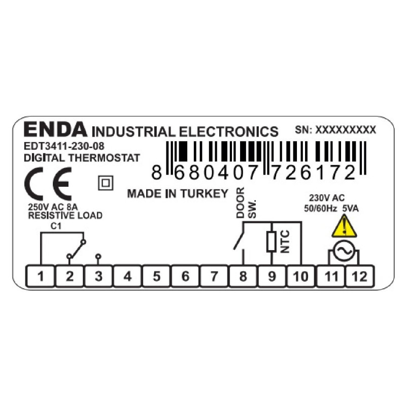 Enda EDT3411-230-08 ,Ebat 77x35mm,Besleme 220vac,Sensör NTC,Çıkış Kontak-2A1K 20 Amper,Defrost,Isı Kontrol Termostat