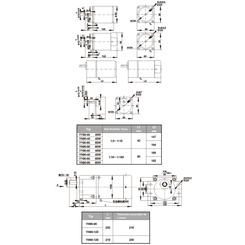 Linix YN90-120-260 ,Ebat 90x60mm,Mil 12mm,Besleme 220vac,Devir 260-Rpm,Güç 120w,1-Faz Ac Motor