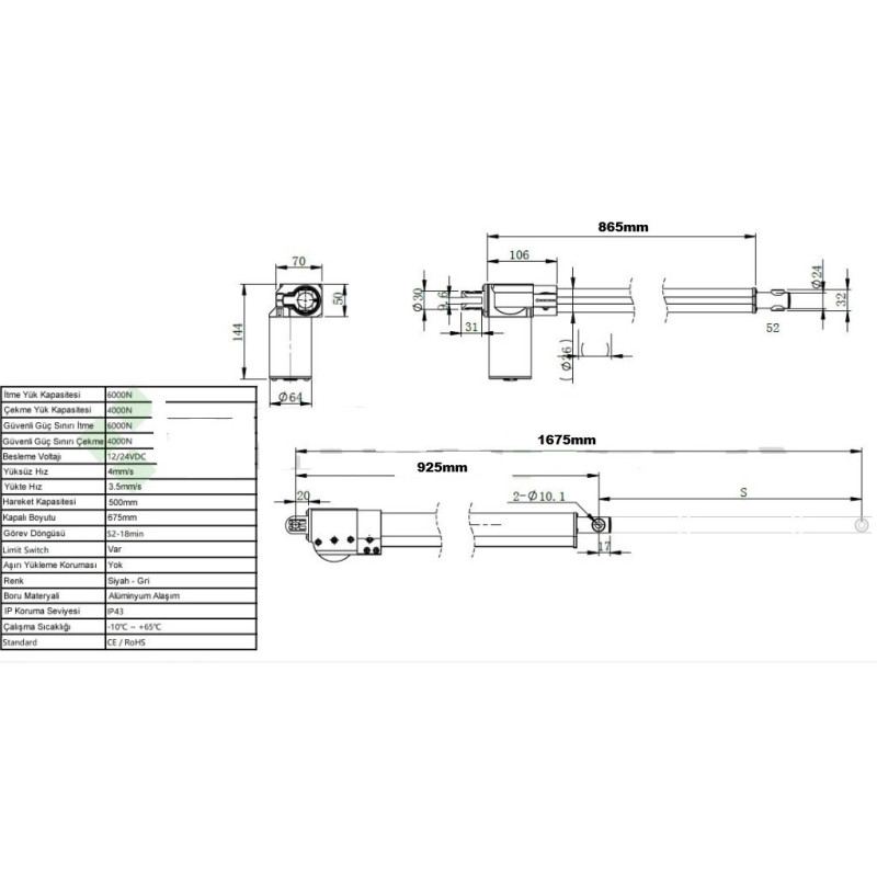 Keskinler SKD-24V-750mm-6000N ,Besleme 24vdc,Tork 6000nm,Hız 4mm sn,Strok 750mm,Aktüatör