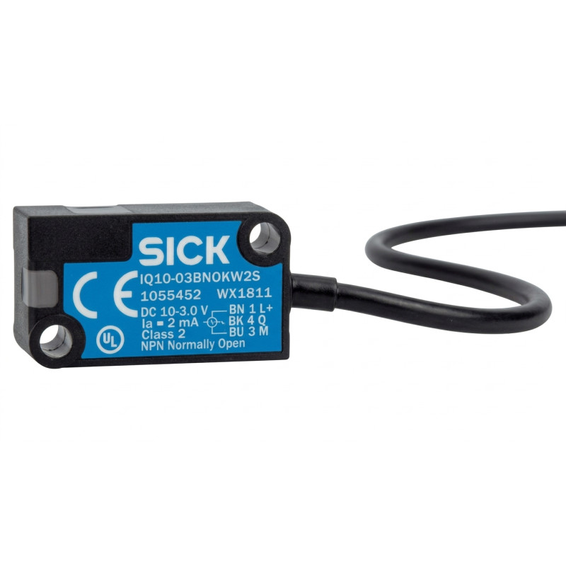 Sick IQ10-03BNOKW2S 1055452 ,Ebat 28x16x10mm,Ölçüm 3mm,Çıkış NPN-NC,10..30vdc,3-Kablo 2mt,Endüktif Metal Sensör