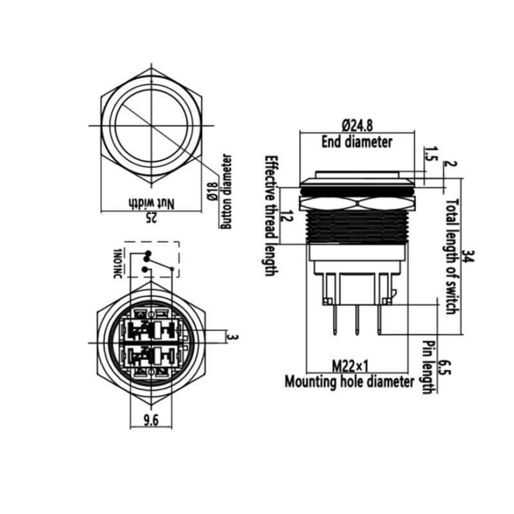 22B-G1Z ,M22 Kontak-1A1K Metal Kalıcı Buton