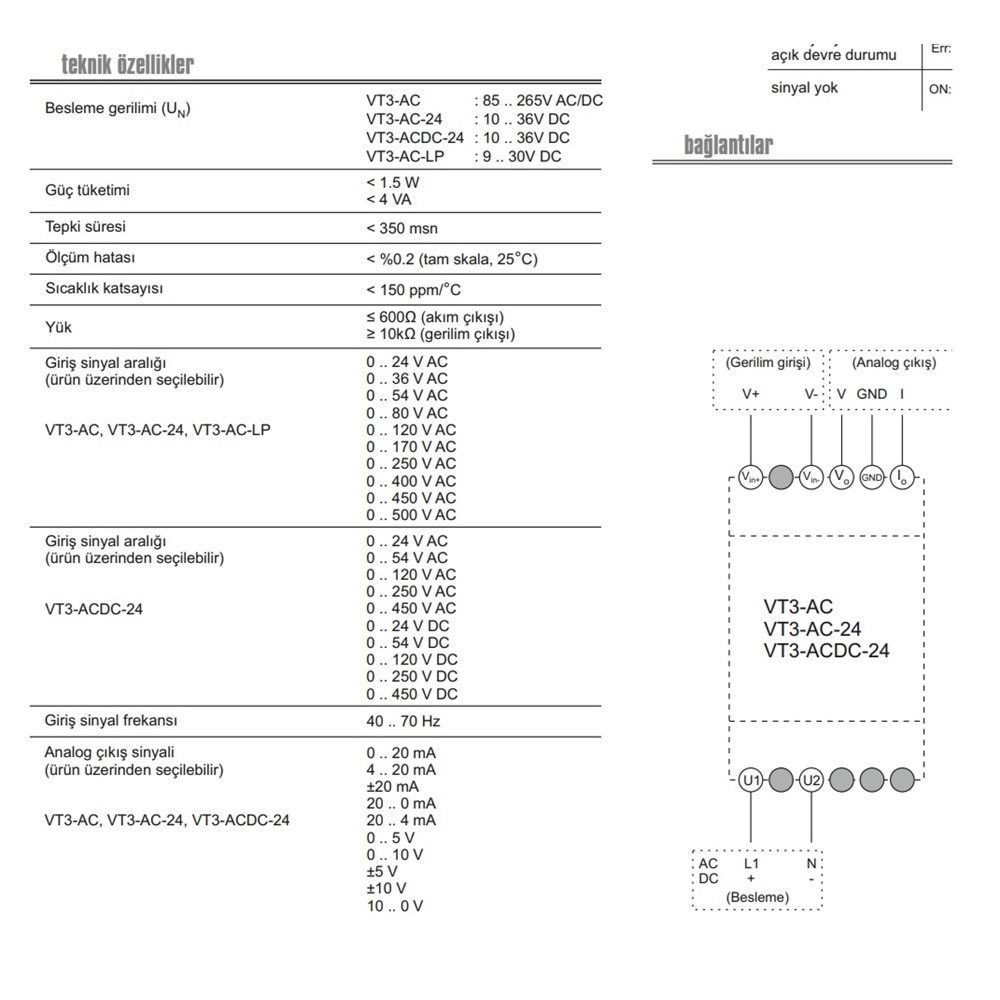 Klemsan VT3-AC-24 ,24vdc 0..500vac/dc 0..10v/4..20mA Voltaj Transmitter